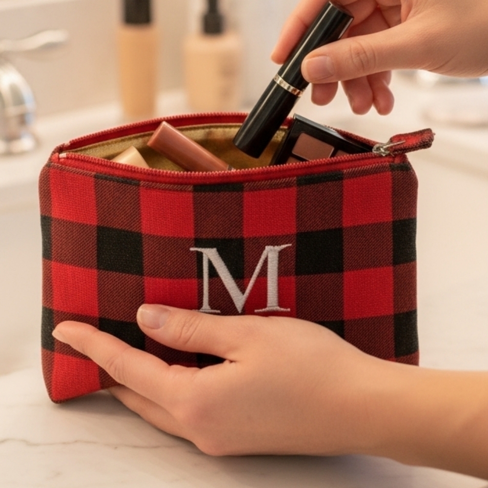 Plaid Red and Black Monogrammed Pouch (EUC)